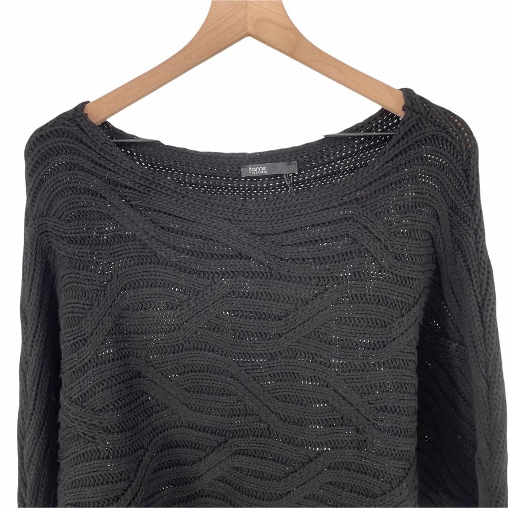 Fame Istanbul black cropped boatneck chunky knit relaxed dolman sweater one size - Picture 4 of 12
